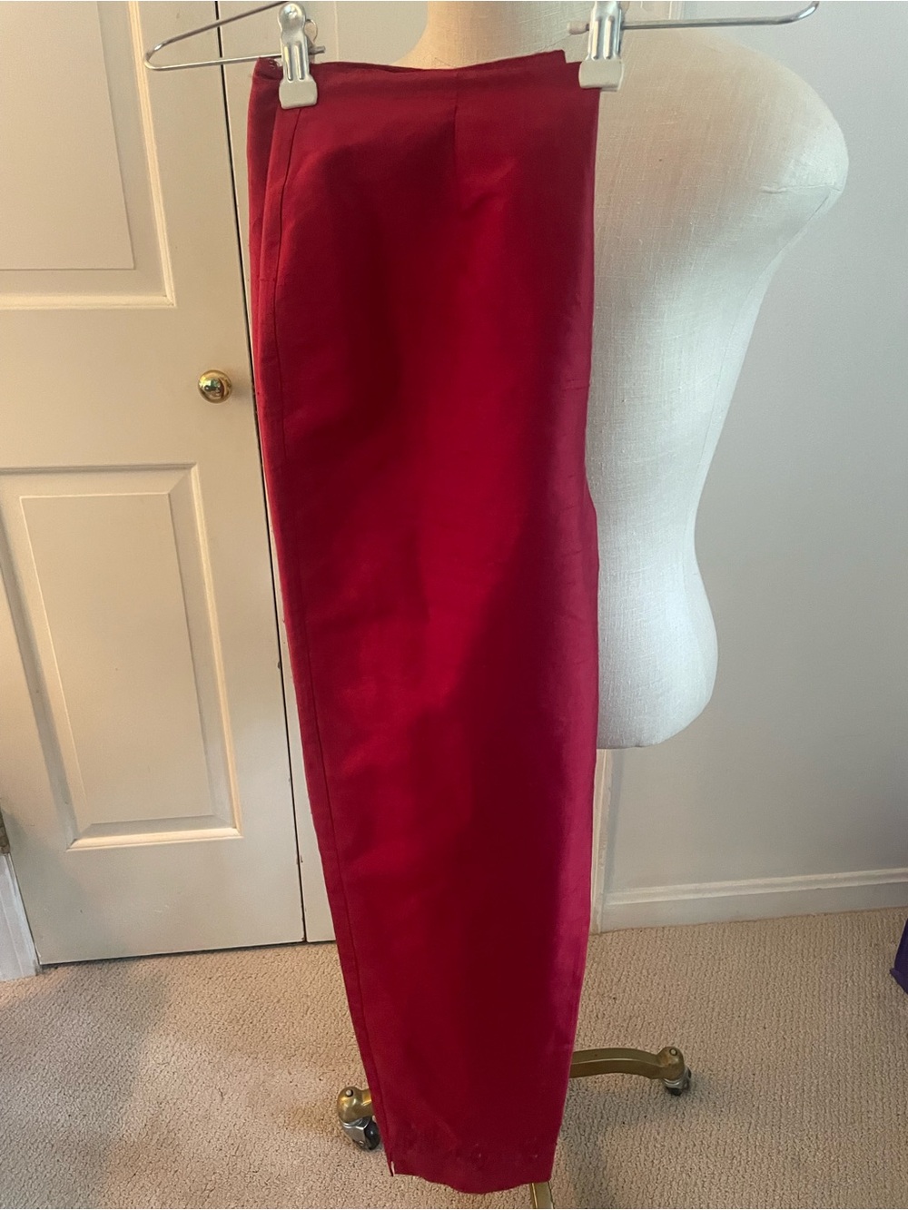 Notations 100% Raw Silk Crimson Straight Leg Pants with Embellished Bottom